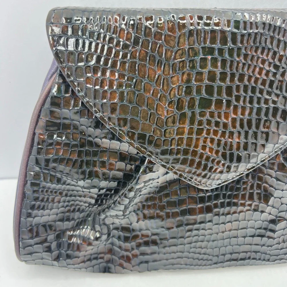 Vintage Faux Croc Clutch Envelope Evening Bag Brown Purple Chic Retro Midcentury
